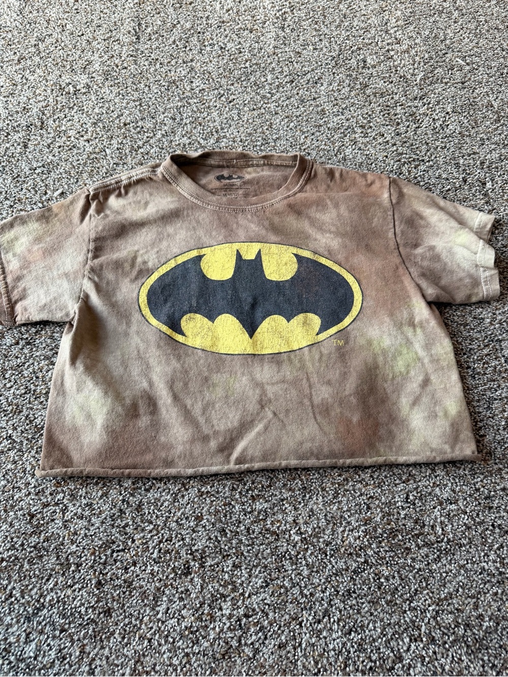 Batman Women's Medium Brown Tie Dye Oversized Cropped Graphic Tee Distressed